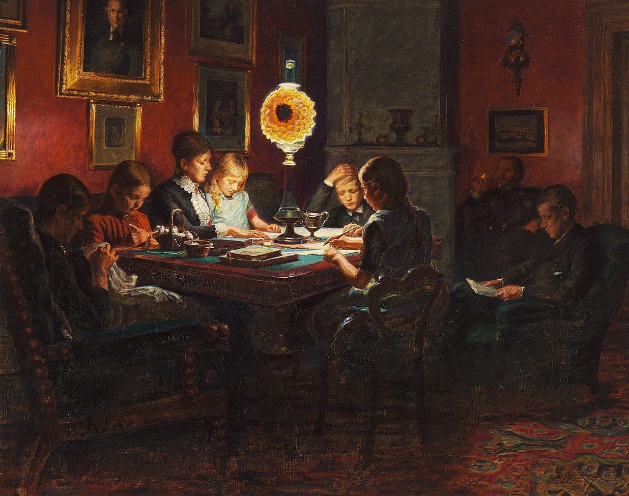 Kristian Zahrtmann - 102, Scena di famiglia alla luce di una lampada, 1890